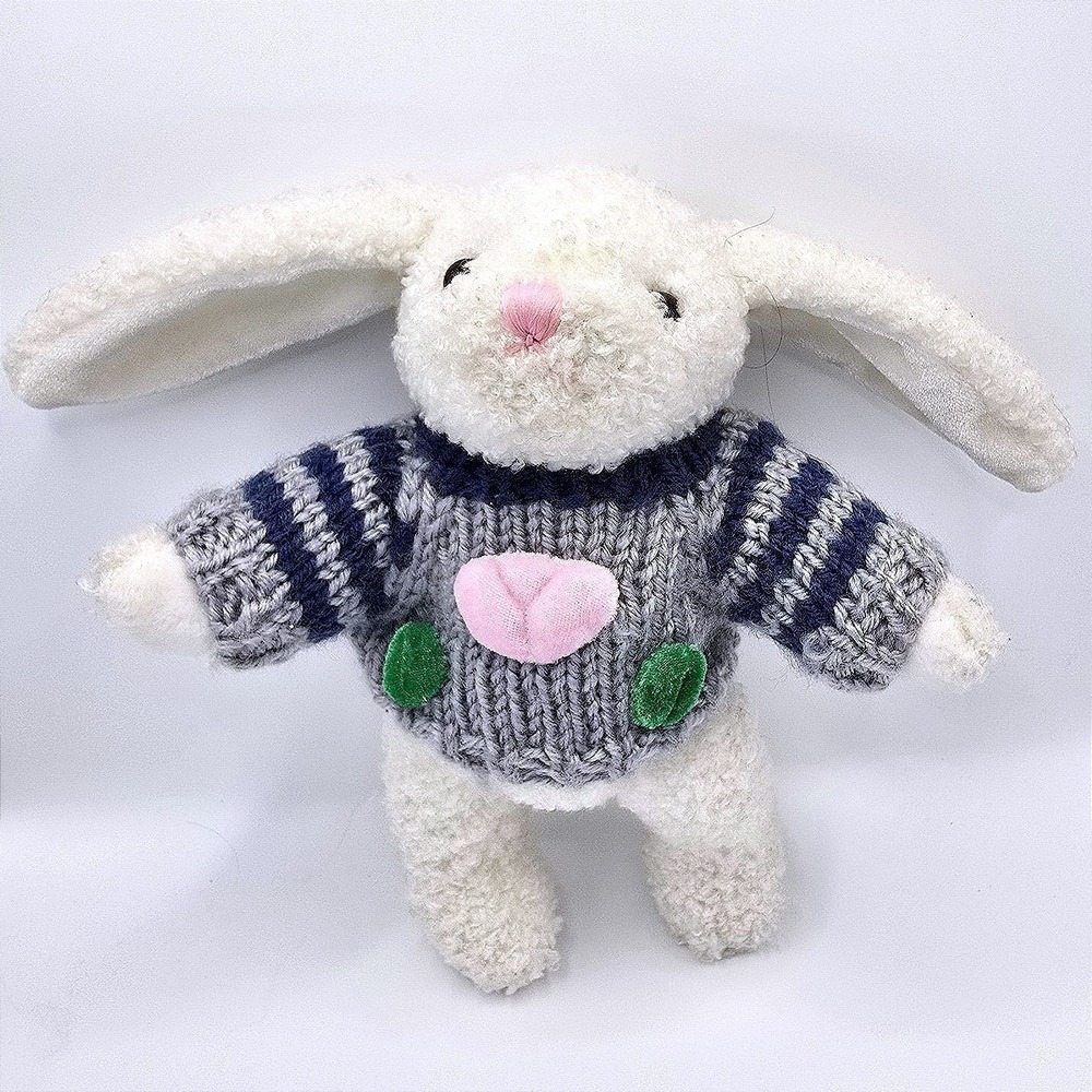 VTG 1988 Chrisha Playful Plush White Bunny Rabbit Small Knit Sweater Stuffed 8in